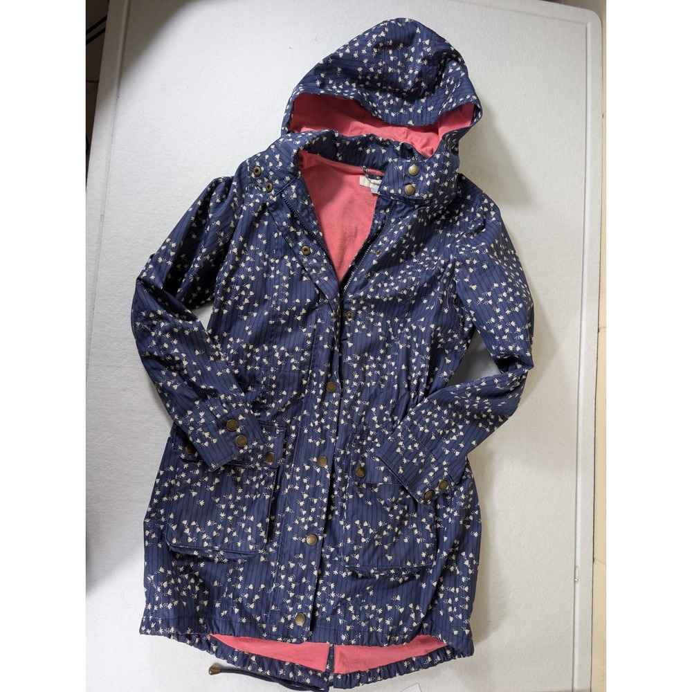 Boden Womens Navy Blue Floral Stripe Hooded Raincoat Jacket Pink Lining Size 8